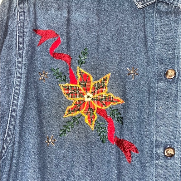 Vintage Jean Shirt • Denim Button-Up Shirt with Holiday Embroidery • Christmas - Picture 6 of 11